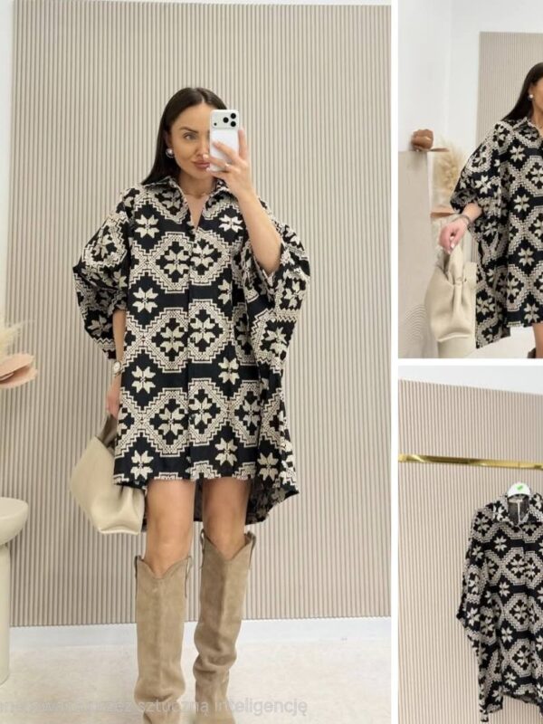 Czarna sukienka oversize wzory boho damska